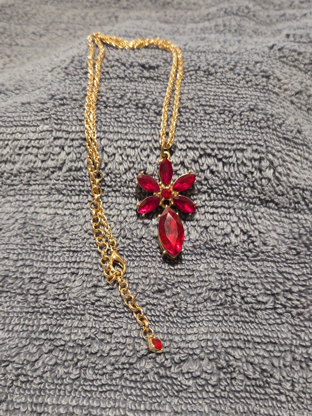Gold Necklace with Red Gem Flower Pendant - Women's Jewelry